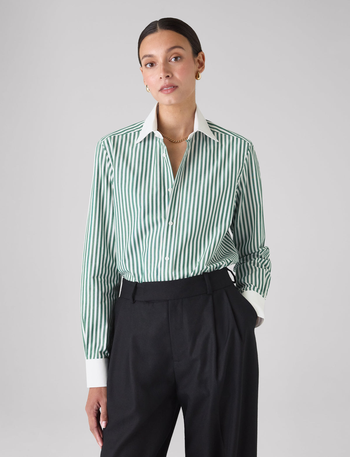 The Boyfriend Contrast: Fine Poplin, Forest Green stripe