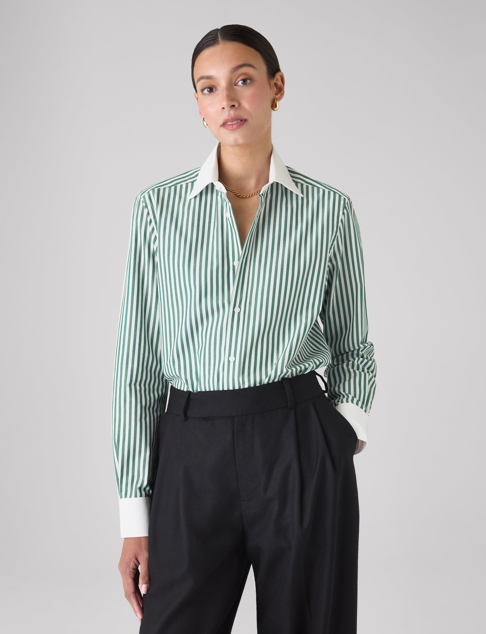 The Boyfriend Contrast: Fine Poplin, Forest Green stripe