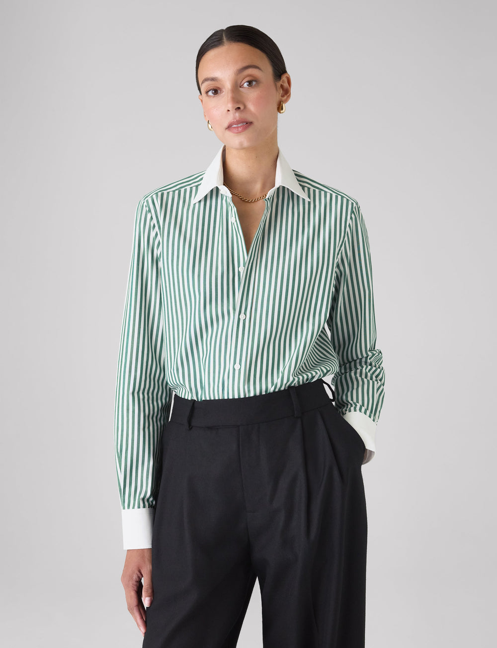 The Boyfriend Contrast: Fine Poplin, Forest Green stripe