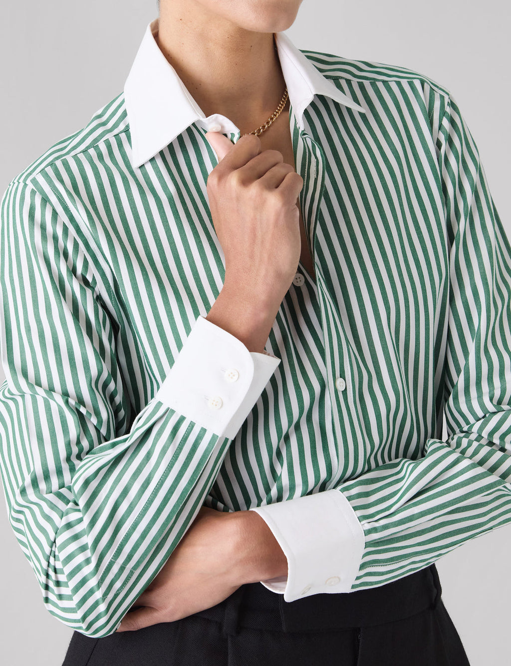 The Boyfriend Contrast: Fine Poplin, Forest Green stripe