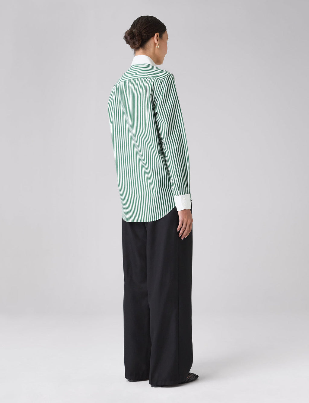 The Boyfriend Contrast: Fine Poplin, Forest Green stripe
