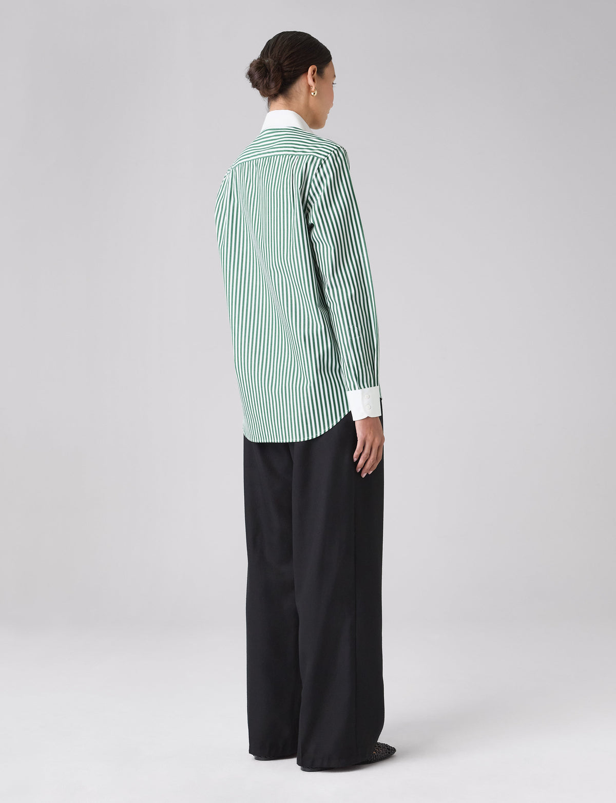 The Boyfriend Contrast: Fine Poplin, Forest Green stripe