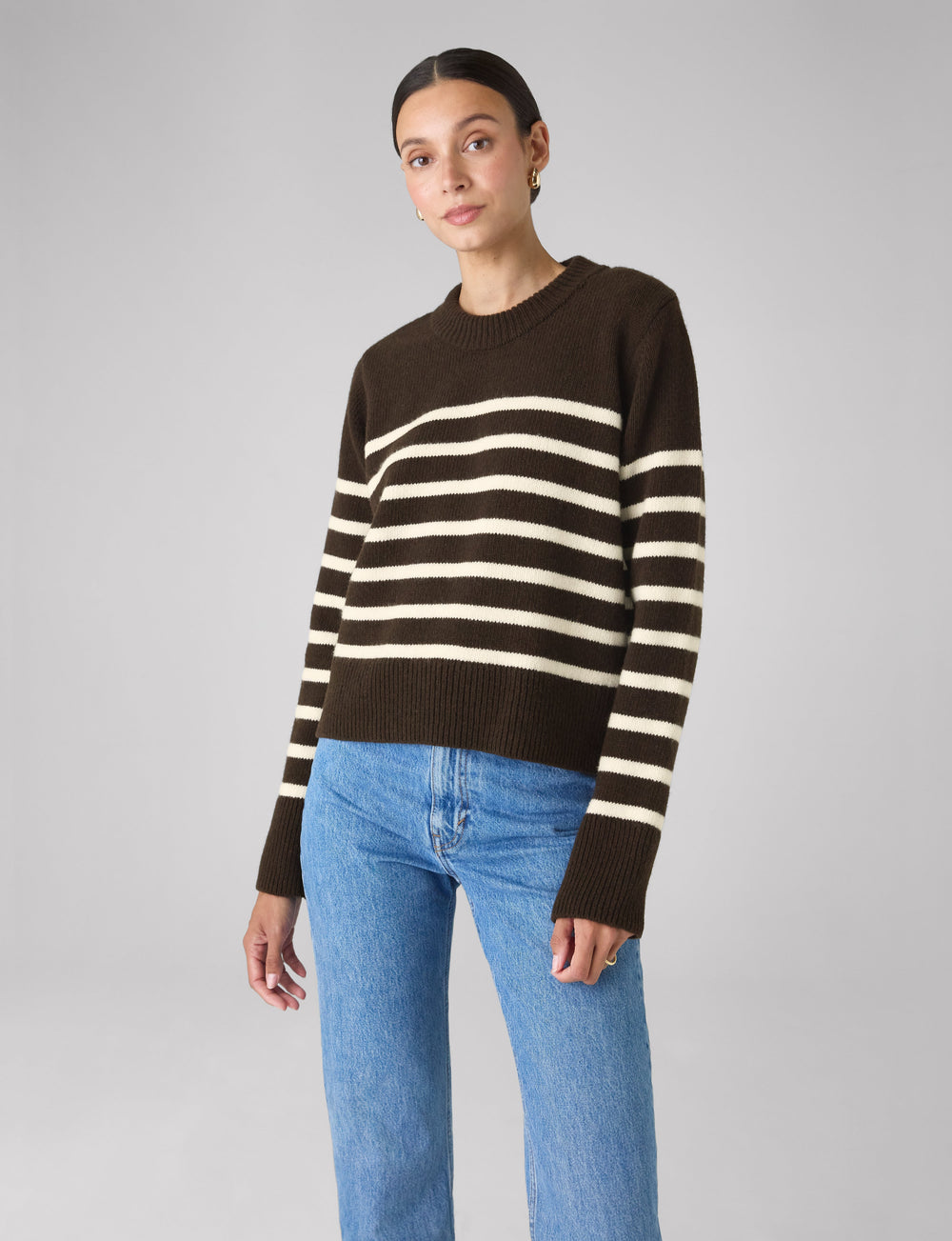 Devon Jumper: Wool, Chocolate with Cream Stripes