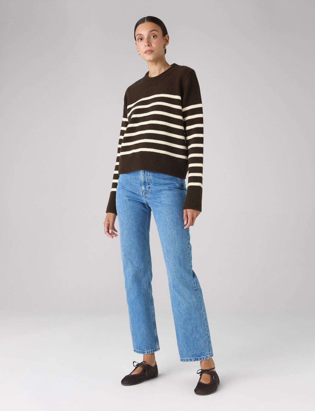 Devon Jumper: Wool, Chocolate with Cream Stripes
