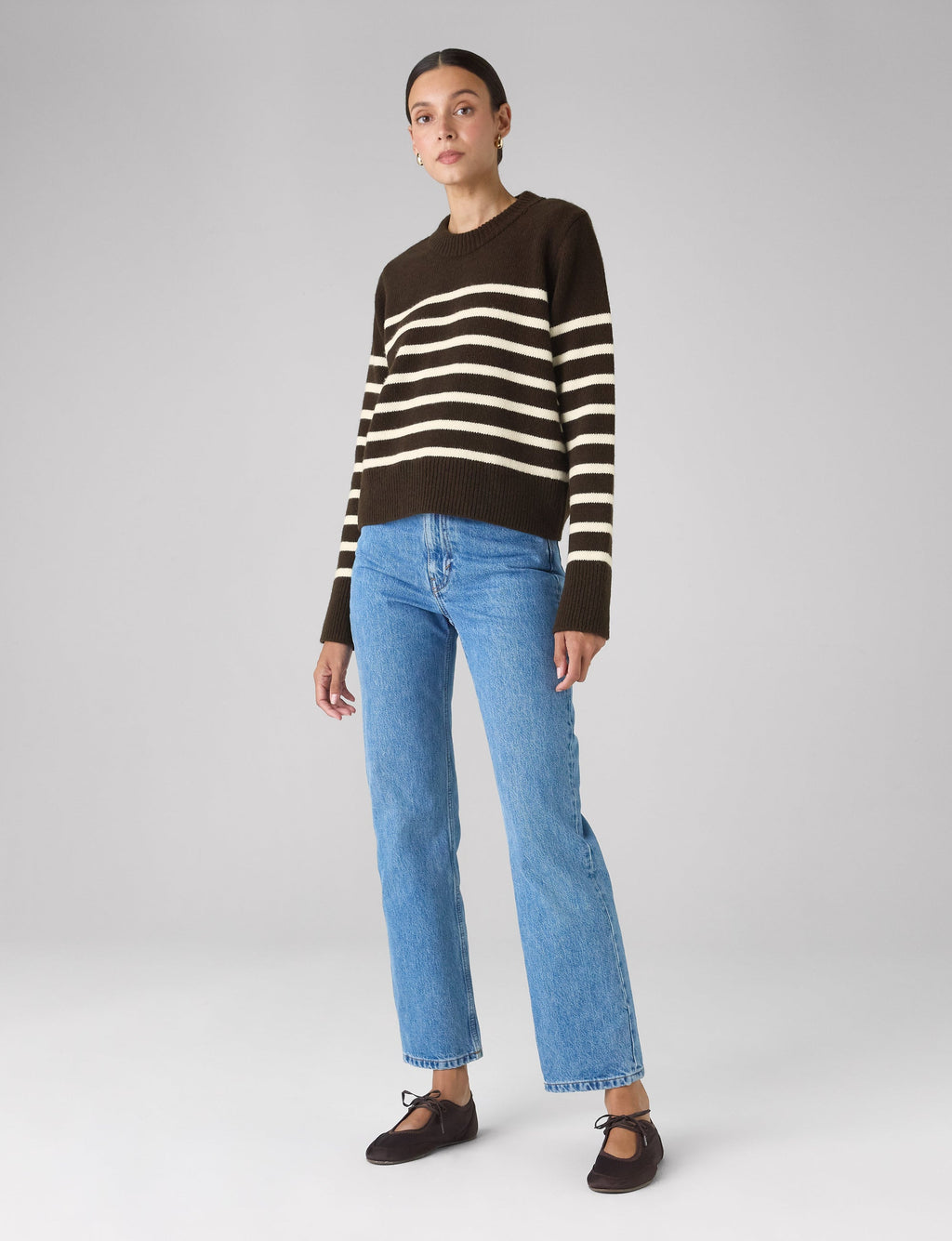 Devon Jumper: Wool, Chocolate with Cream Stripes
