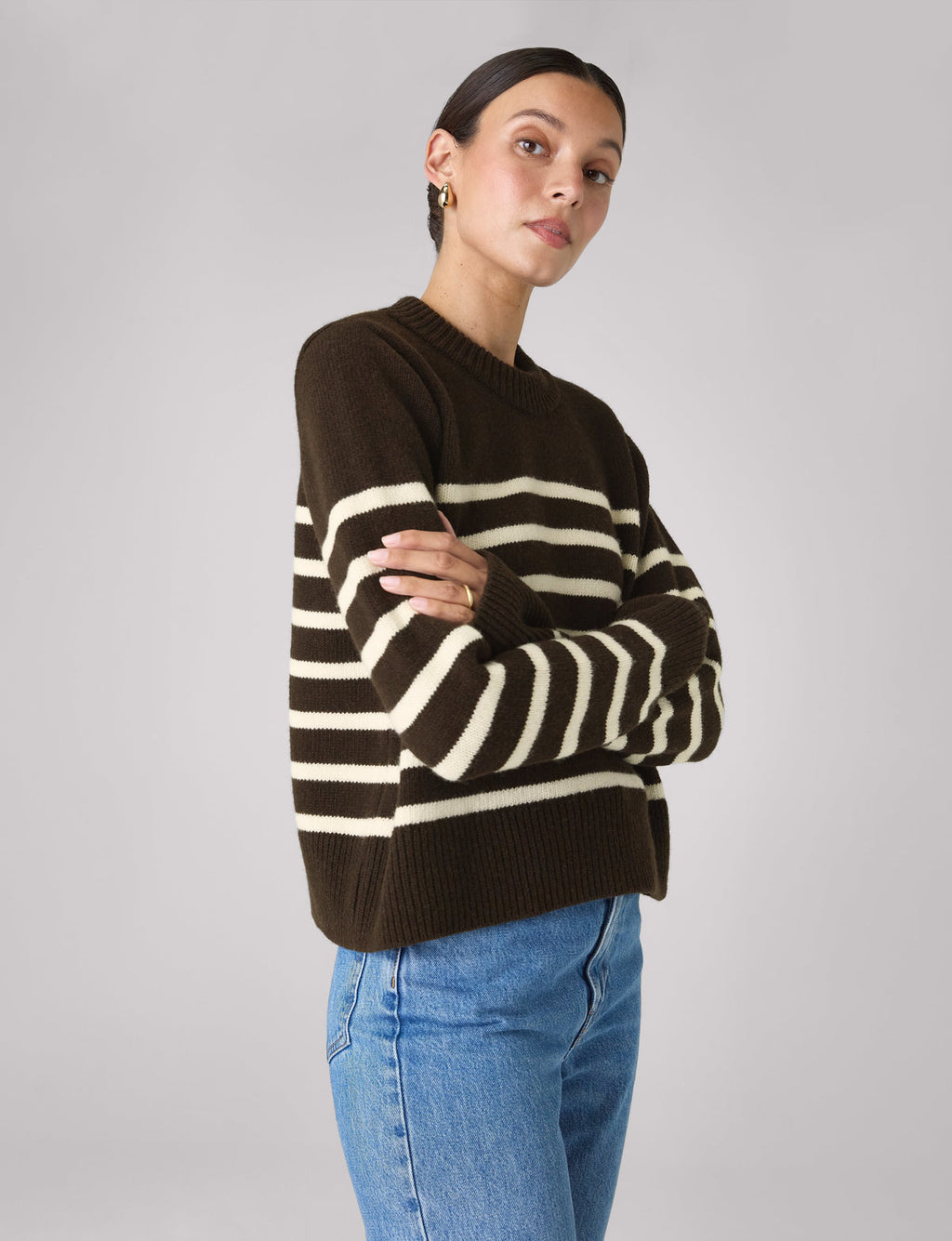 Devon Jumper: Wool, Chocolate with Cream Stripes